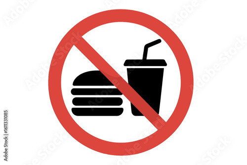 No food and drink sign. Red prohibition symbol for no eating and drinking. Forbidden area icon. Warning pictogram for public places. Fast food is not allowed here.