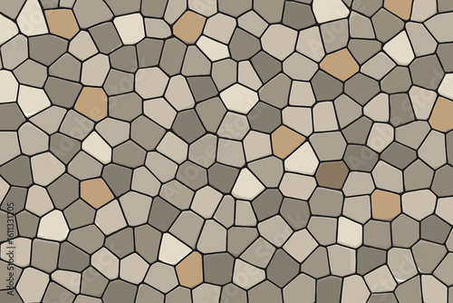 Stone mosaic texture with irregular pebble pattern. Seamless vector background for floor or wall decor. Modern pavement design. Abstract illustration in grey and beige.
