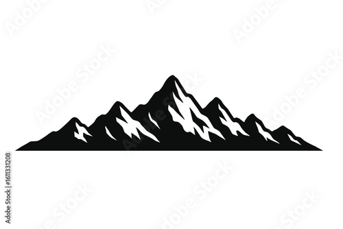 Mountain range silhouette vector icon for a logo. Black and white landscape with snowy peaks. Symbol for adventure, travel, hiking, and outdoor activities. Isolated on white.