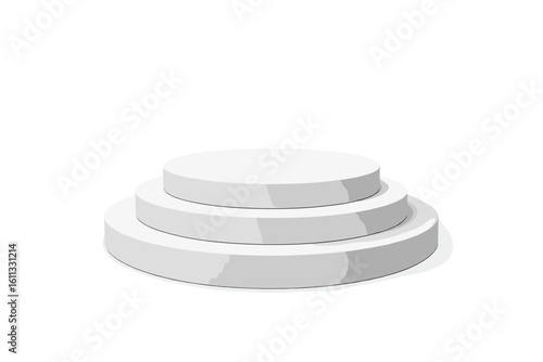 White 3D pedestal product display. Round podium stage for presentation. Minimalist cylinder platform stand. Three-step empty showcase mockup for award ceremony vector.