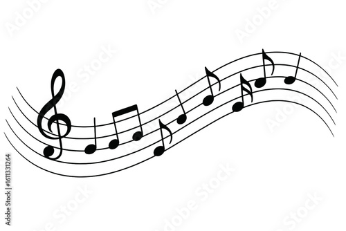 Flowing musical notes on a staff. Wavy music score with treble clef. Concept for melody, song, and harmony. Abstract sound wave vector illustration for design.