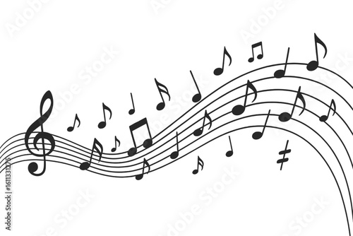 Music notes on a flowing staff wave. Vector illustration of a melody. Abstract musical background with treble clef. Sound and rhythm concept. Isolated for design.