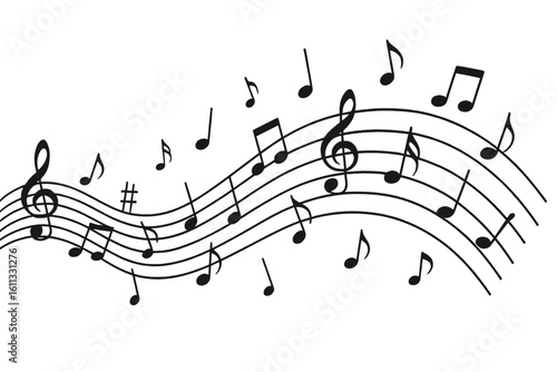 Music notes wave on a staff. Musical melody sound background. Abstract flowing song composition. Treble clef symbol, score sheet concept. Vector illustration isolated.