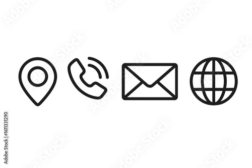 Contact icons collection for business. Communication symbol set with location pin, phone call, email message, and website globe. Vector line art for web and print.