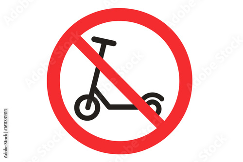 No electric scooter allowed sign. Red prohibition symbol for e-scooter. Riding scooters is prohibited icon. Warning forbidden circle traffic sign. Stop vehicle vector.