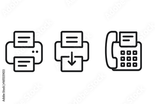 Printer and fax machine line icon set. Office equipment symbols. Print, download, and communication concepts. Outline vector illustration for UI and modern graphic design.