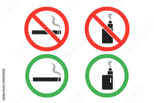 No smoking and no vaping prohibition signs. Smoking and vaping allowed area green vector icons. Cigarette and e-cigarette symbol set for public places. Isolated on white.