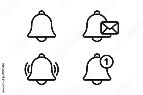 Notification bell icon set. Ringing alert, new message, and reminder symbols. Social media notice sign for application interface. Linear pictogram for UI UX web design.