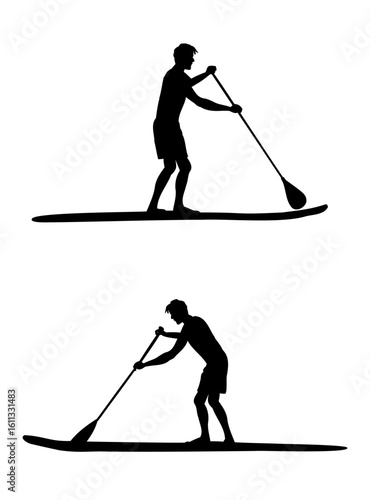 Character standing on paddle boards in sea or ocean waves. Man enjoying modern water sport - sup surfing. Summer activity and healthy lifestyle.