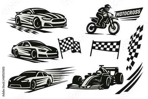 Motorsport racing icon set with sports car, formula 1, and motocross bike. Vector graphics for decals, stickers, and emblems with checkered flag and finish line.