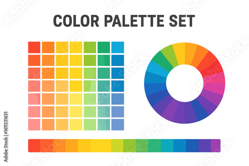 Vector color palette set featuring a vibrant rainbow color wheel, a smooth gradient bar, and a grid of swatches. Essential graphic design tool for color harmony and selection.