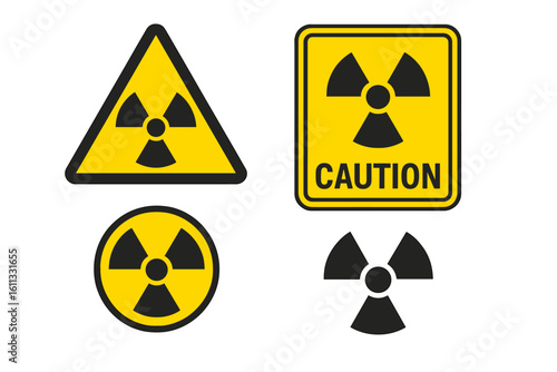 Radioactive material warning icon set. Caution radiation danger sign collection. Nuclear hazard symbol. Atomic energy pictogram. Trefoil alert vector illustration.