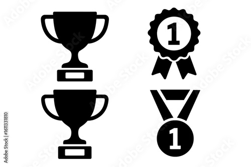 Set of winning award and prize icons. Trophy, reward, and victory signs. First place achievement cup and winner medal vector silhouette collection for championship success.