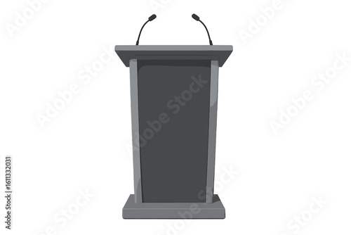 Realistic podium with two microphones for speech. Speaker lectern for conference or debate. Business tribune stand. Isolated 3D vector illustration for press or political event.