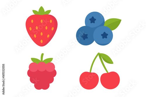 Sweet berry icon set including strawberry, raspberry, blueberry, and cherry. Simple flat vector illustration. Healthy fresh natural organic fruit collection for modern design.