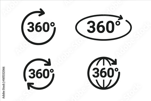 Collection of 360 degree view and rotation vector icons. Arrow symbols for panorama, virtual tour, and full circle view. Simple isolated graphic element set for web and apps.