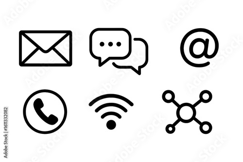 Communication line icon set. Contact methods concept. Includes email, chat, phone, wifi, and network symbols. Vector outline art for web design, app, and business.
