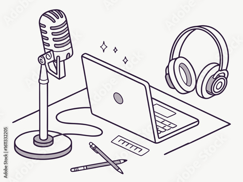 Podcast recording setup with microphone laptop headphones pens and ruler in a simple line art style