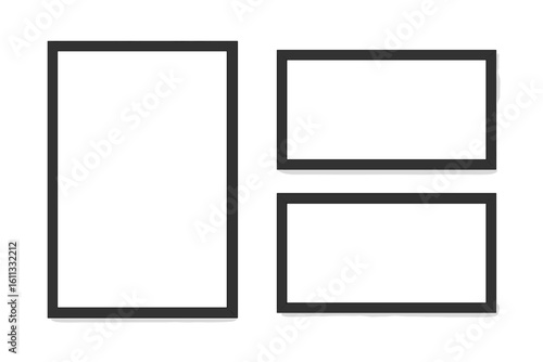 Set of three realistic empty black picture frames. Photo frame mockup with passe-partout for wall art display. Modern minimalist interior decor vector template for design.
