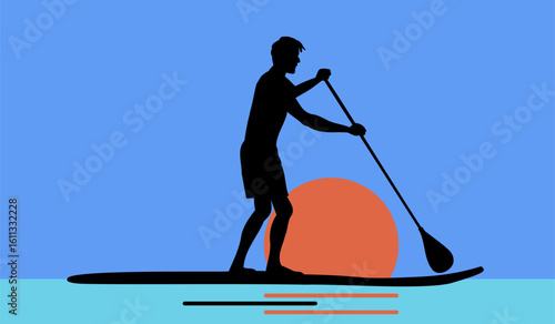 Character standing on paddle boards in sea or ocean waves. Man enjoying modern water sport - sup surfing. Summer activity and healthy lifestyle.