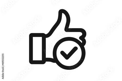 Thumbs Up Approval Icon with Check Mark, Business Success Concept, Valuation Symbol, Verified Like Badge, Minimalist Flat Outline Vector Illustration Isolated on Transparent Background