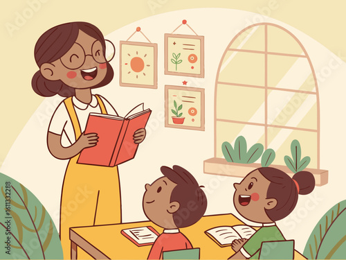 Teacher reading book to students in classroom with window and wall art illustration style