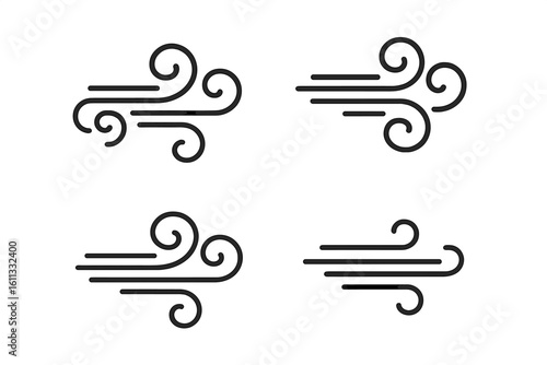 Wind blow line icon set. Fresh air speed symbol collection. Windy weather sign for forecast and climate. Flowing air current gust vector illustration. Simple minimal design.