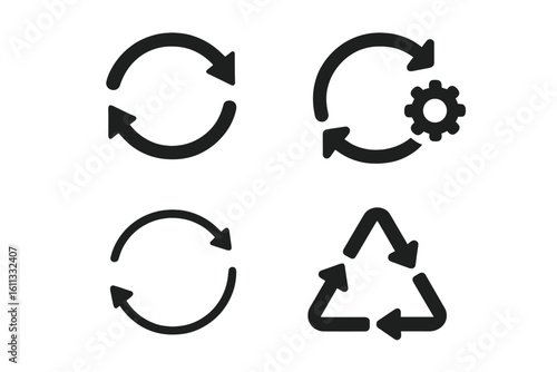 Sync process and reload icon set. Circle arrow with gear for workflow automation and processing. Update, refresh, and recurrence symbols. Includes universal recycling icon.