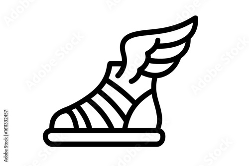 Winged sandal of Hermes icon. Talaria, flying shoe of the Greek god Mercury. Messenger of the gods. Mythology symbol for speed, delivery, post, travel, logistics. Line art vector.