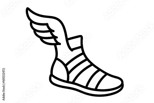 Winged sandal of Hermes icon. Flying shoe of Greek god Mercury. Symbol of speed, delivery, logistics, and travel. Ancient mythology meets modern sneaker vector icon.