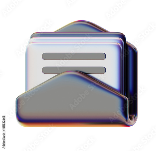 Abstract iridescent metallic envelope icon; digital documents; modern communication concept.