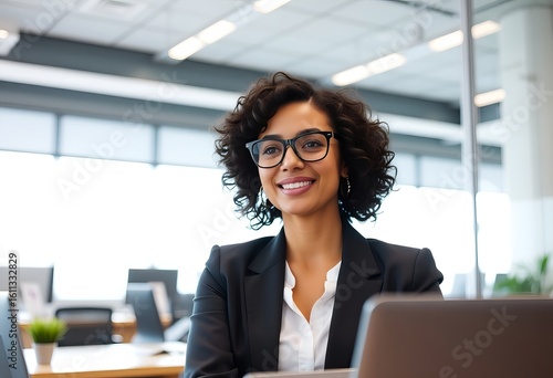 Portrait of a confident business woman working in office with laptop and wearing glasses smiling