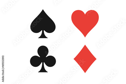 Set of playing card suit icons. Spade, heart, diamond, club symbols for poker or casino games. Simple flat vector graphic illustration isolated on white background.