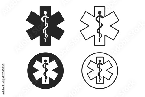 Star of Life medical symbol with Rod of Asclepius. Emergency, medicine, and healthcare icon set. Paramedic, ambulance, and hospital sign. Pharmacy snake vector.