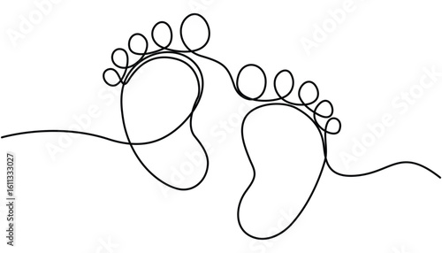 Baby foot barefoot heart icon continuous one line drawing, Kid feet graphic icon. Child bare feet sign isolated on white background. Concept of Wellness massage and Care about soft skin. 