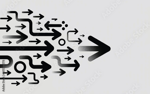 Minimalist graphic of various black arrow symbols moving together in a unified direction