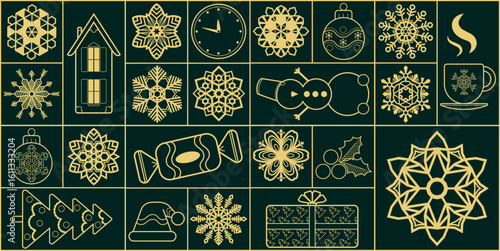 Geometric Xmas ornament. Christmas modern festive decoration. Simple winter shapes. Abstract holiday design. Minimal Bauhaus symbols. Outline snowflake. Gift box and sweets. Fir tree. Vector line set