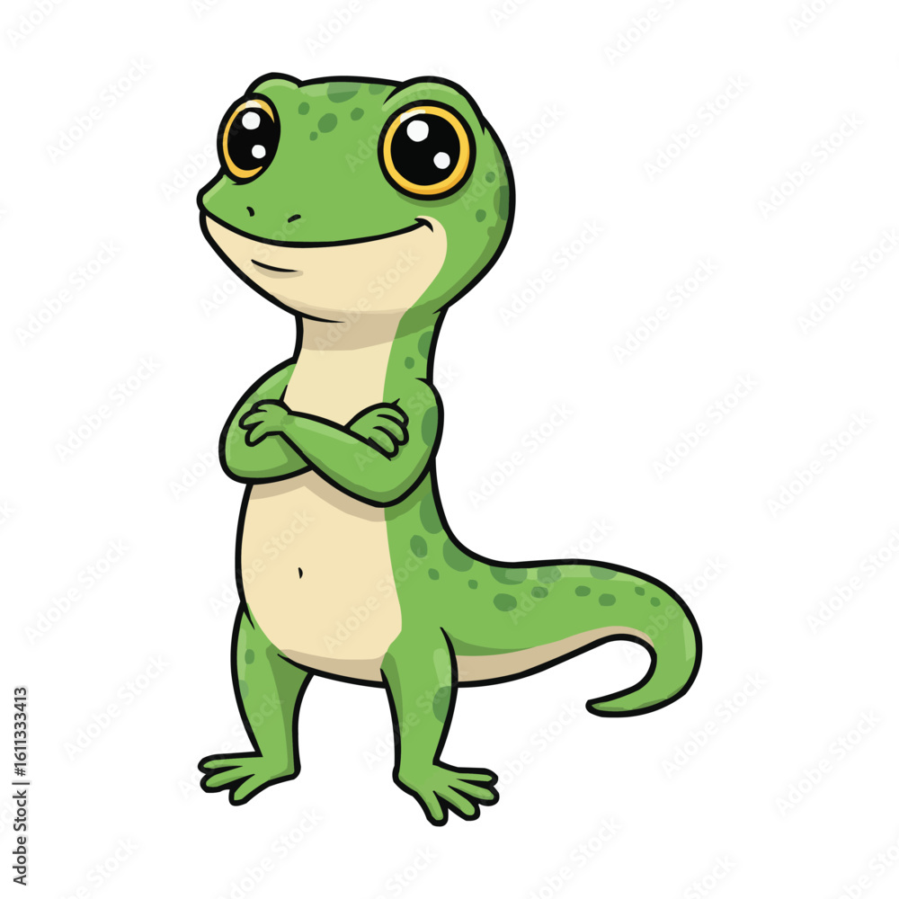 Fototapeta premium Smiling Cartoon Gecko with Arms Crossed