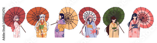 Anime girl. Japan kimono with parasol. Japanese beauty in traditional costume. Manga charm. Colorful paper umbrella. Asian hanami fair. Kawaii woman. Geisha outfit. Vector young female characters set