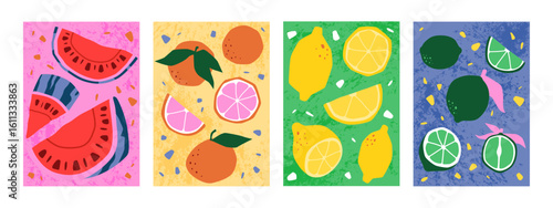Fruit pattern template. Summer doodle of watermelon, strawberry, citrus lemon and kiwi. Hand-drawn sketch with leaves. Botanical abstract, food print. Vector organic spring doodle illustration set