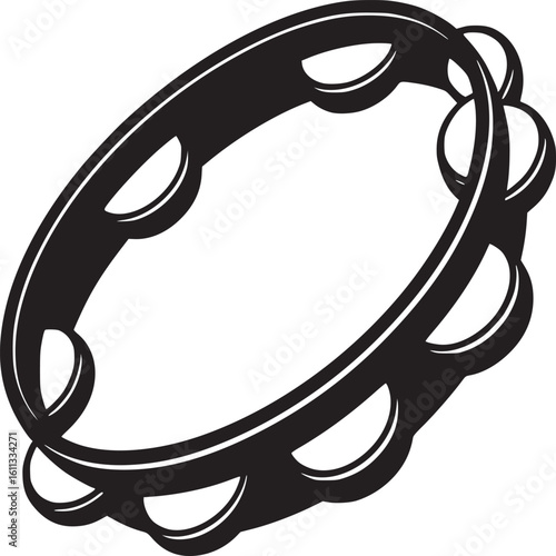 A black and white illustration of a tambourine with jingles around the edge on a white background