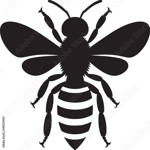 A black silhouette of a bee with striped abdomen and detailed wings isolated on a white background