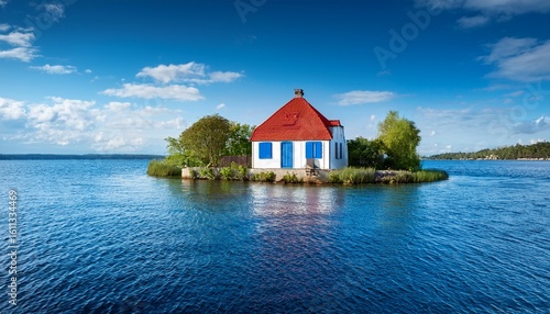 idyllic island home with red roof and blue shutters surrounded by calm water a dreamy coastal getaway and peaceful retreat