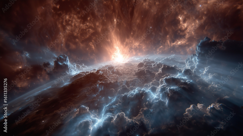Fototapeta premium Vibrant cosmic nebula with bright star formation isolated on white background isolated on transparent background