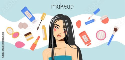 Makeup banner. Beauty cosmetics icons, beautiful woman portrait, lipstick and face powder or foundation, skincare products. Poster design, skincare items. Vector cartoon flat isolated illustration