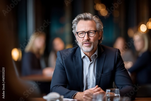 A mature man with glasses and a beard sits confidently at a table in a professional setting, with blurred people and warm lights in the background.