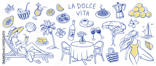Сoast vacation Amalfi with seafood; italian food; oysters; lemons; yacht; girl on beach; landscape; rocks. Summer coastal lifestyle of Italy. Vector doodle illustration in hand drawn pencil sketch