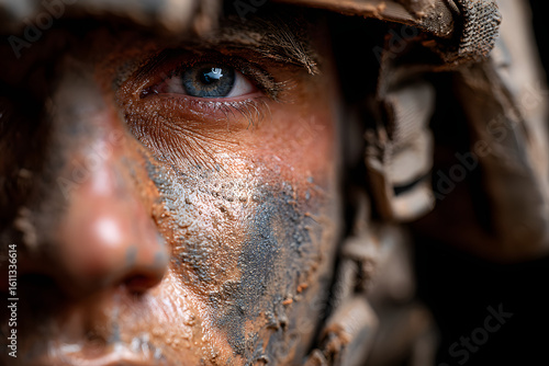 Close up of a soldier with mud covering face and body, conveying resilience and determination