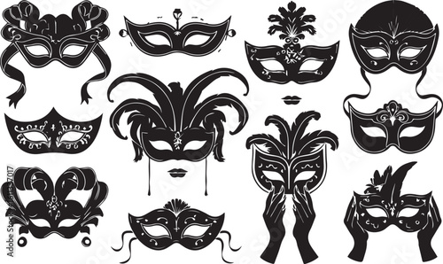 Collection of elegant masquerade masks in black and white silhouette