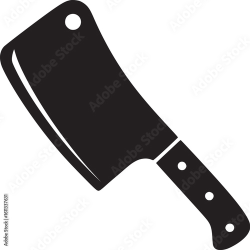 A simple black and white illustration of a cleaver with a hole and dotted handle on a white background